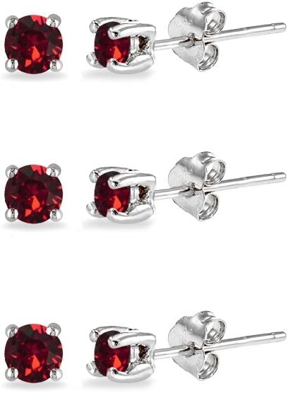 3-Pair Set Sterling Silver 4mm Round Colored Crystal Stud Earrings Set Made with European Crystals
