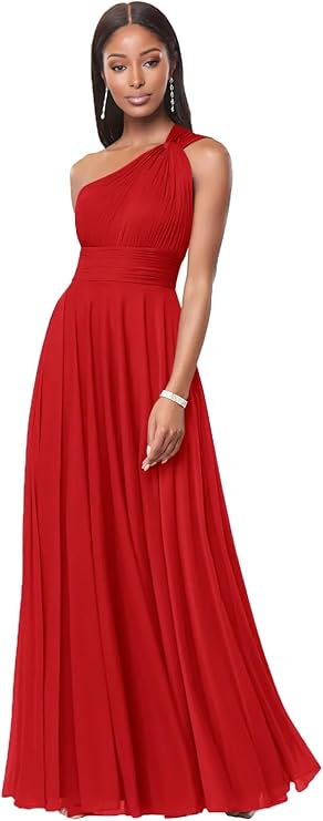 A Line Pleated Chiffon Long One Shoulder Bridesmaid Dresses for Women