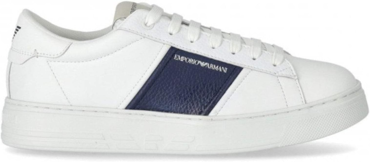 Emporio Armani Low Model Sneakers with Leather Upper and High Quality Rubber Sole, White with Black Inserts.