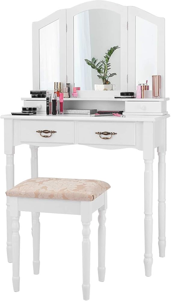 GIANTEX Vanity Set with Tri-Folding Mirror, Makeup Dressing Table with 4 Drawers and Storage Shelf, Modern Bedroom Bathroom Makeup Vanity Desk with Cushioned Stool for Girls Women (White)