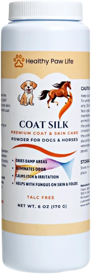 Healthy Paw Life Coat Silk Powder with Sulfur & Bentonite Clay - Natural Grooming Powder for Dogs, Cats, and Horses - Itchy Skin Support, Moisture & Odor Control - 6 oz