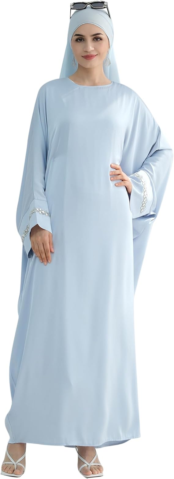 Solid Color Batwing Sleeve Abaya with Handcrafted Chain Beading, Hidden Waistband Modest Muslim Robe Prayer Dress