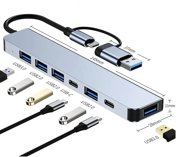 Coverzone Multiplexer Adapter 7in1 USB/Type-c To USB A, USB C Macbook compatible Converter Adapter Multi Port Multiplexer 7 in 1 USB HUB (Grey)