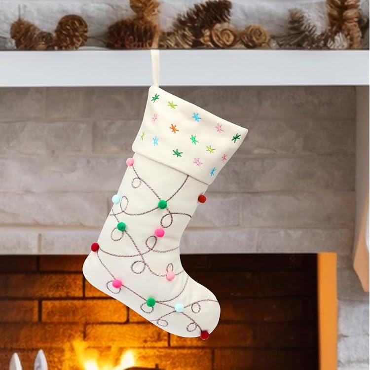 Hopearl Pom Pom Christmas Stocking Boho Style Socks Ultra Soft Stockings Ornament Luxury Gift Bags for Family Xmas Tree Party Supplies, Cream, 18'