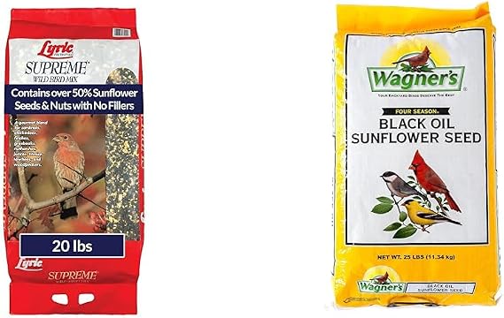 Lyric Supreme Wild Bird Seed, Wild Bird Food Mix with Nuts and Sunflower Seeds, 20 lb. Bag & Wagner's 76027 Black Oil Sunflower Wild Bird Food, 25-Pound Bag