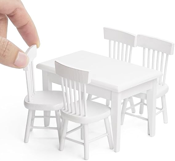 Odoria 1/12 Miniature Dining Table and Chairs Dollhouse Kitchen Furniture Accessories, White