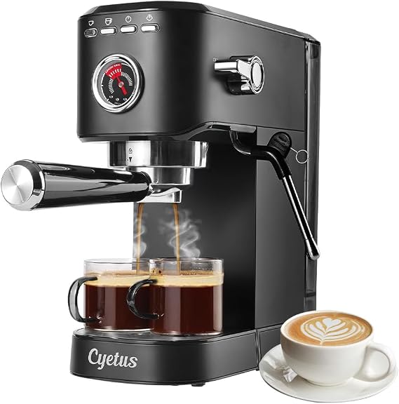 CYETUS Espresso Machine 20 Bar with Milk Frother Steam Wand, Compact Small Coffee Machine for Home, Pressure Gauge, Barista Espresso Maker Latte Cappuccino, Stainless Steel, Black