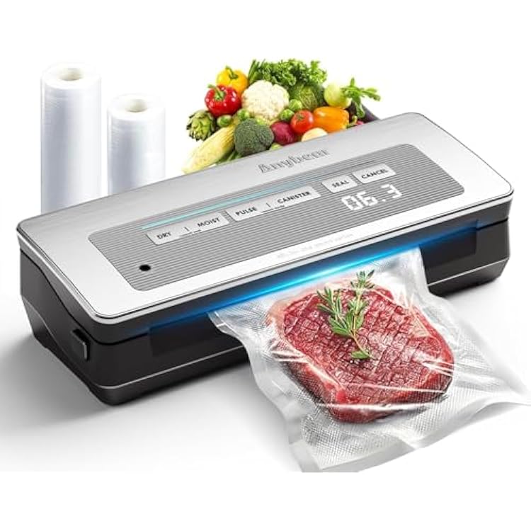 Vacuum Sealer Machine, 90kPa 120W Powerful Food Sealer Build-in Cutter and Bag Storage, Digital Countdown Display, Dry&Moist Mode, Wide Seal, 2 Bag Rolls & 5 Pre-Cut Bags for Food Saver Silver