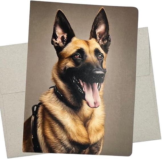Whitman and Daughter Belgian Malinois Card (1 Premium Card, 5X7 Inch) dog card blank for every occasion like birthday, police dog thank you, or rescue graduation - 826