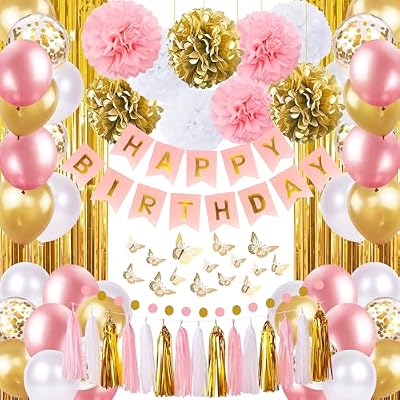 Pink and Gold Birthday Party Decorations for Women with Happy Birthday Banner,Curtains, Butterfly Wall,Circle Dots Garland,Tissue Pompoms,Paper Tassels Garland for Her
