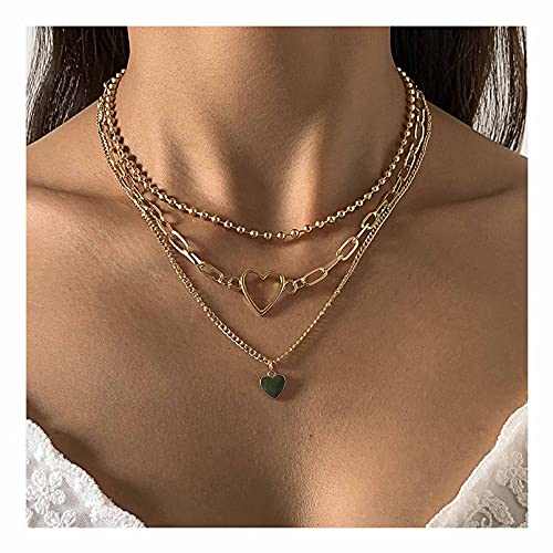 Layered Necklaces for Women,Gold Plated Paperclip and Beaded Chain Necklace Cute Love Heart Pendant Choker Necklace Layering Necklaces Jewelry for Women and Teen Girls