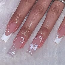 White Press on Nails Long Coffin, French Tip Fake Nails for Women with Glitter Bing Pearl Butterfly Design, Square Glue on Nails False Nails, Stick on Nails for Wedding Birthday 24Pcs