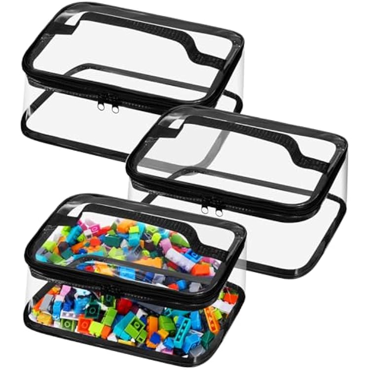 Nitial 3 Packs Small Clear Toy Storage Bags, PVC Toy Storage Bags with Zipper Handle, Waterproof Transparent Container for Small Toys, Building Blocks and Board GamesBlack