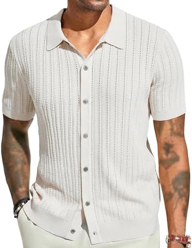 Men Classic Casual Cardigan Tops Single Breasted Hollow Out Knit Shirts Summer Lapel Button Striped T Shirts
