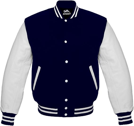 Letterman Jacket Varsity Jacket Baseball Jacket White leather Sleeves Navy Blue Wool