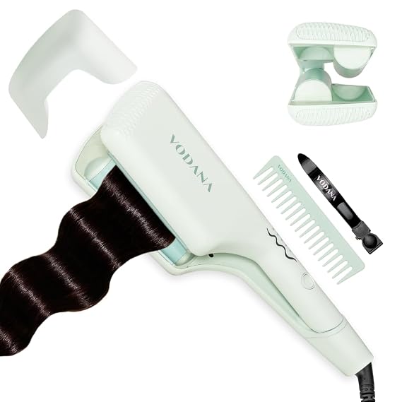 VODANA Professional Triple Flow Ceramic Hair Waver - Easy Beach Waves with Embedded Double Barrel Wave Iron. Experience Instant Heat, Long-Lasting Performance (1.6 inch, Soft Mint)