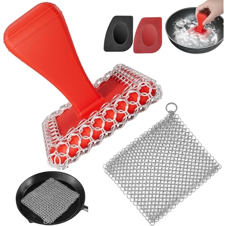 TOPULORS Cast Iron Scrubber & Scraper Kit 316 Steel Cast Iron Cleaner Chainmail Scrubber for Cast Iron Pans Skillets Sink Dish Scrub Brush Chain Link Scouring Pad with Handle Cookware Cleaning