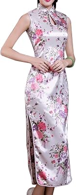 STIOEDYUAN Women Cheongsam Dress Sleeveless Slim Fit Peacock Flower Side Slit Long Dress Qipao Bodycon Costume Embroidery as1, Alpha, s, Regular, Regular, White Flower