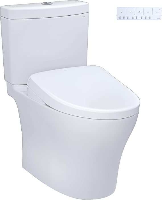 TOTO WASHLET+ Aquia IV Two-Piece Elongated Dual Flush 1.28 and 0.9 GPF Toilet and Contemporary WASHLET S7A Contemporary Bidet Seat, Cotton White - MW4464736CEMGN#01