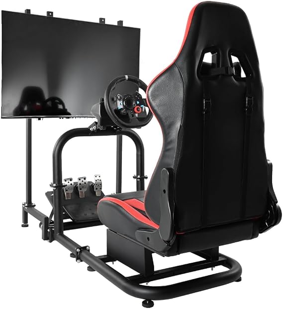 Driving Simulator Cockpit with Monitor Stand & Red Seat Fit for G923 G920 T500 Fantec T3PA/TGT Stable & Strong,No Steering Wheel Shift Lever Pedal Display