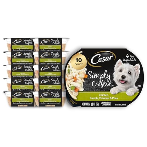 Cesar Simply Crafted Adult Wet Dog Food Toppers for Dry Food, Chicken, Carrots, Potatoes & Peas, 1.3 oz Tubs, 10 Count