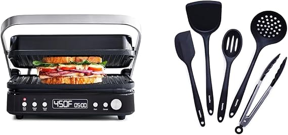 GreenPan 6-in-1 Grill & Griddle and 5pc Silicone Utensil Set - Reversible Ceramic Nonstick Plates with Dual Heat Settings, PFAS-Free