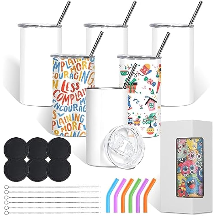 BetterSub 6 Pcs 15 oz Double Wall Insulated Stainless Steel Sublimation Blanks Tumblers White with Lid, Metal Straw, Brush, Display Box for Home, Travel