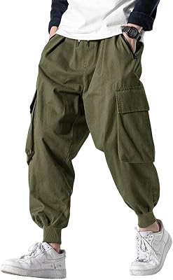 Mens Joggers Pants Casual Baggy Cotton Drawstring Tapered Sweatpants Cargo Hippie Loose Fit Trousers with Multi-Pocket