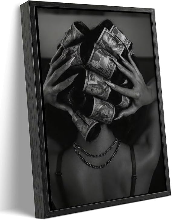 Framed Black and White Trendy Canvas Wall Art, Money and Hair Curler Painting Picture Wall Decor, Luxury Fashion Feminine Poster Print Artwork for Woman Vanity, Dressing Room, Home Decoration 8x10in