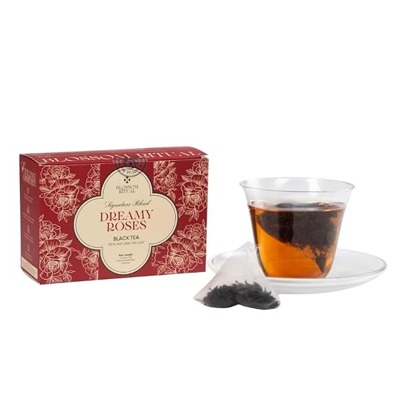 BLOSSOM RITUAL Dreamy Roses Black Tea Loose Leaf 20 Pyramid Tea Bags Serve Upto 60 cups Rose Petal Infused Boost Focus & Relaxation Resealable Zip Pouch| 2.65oz
