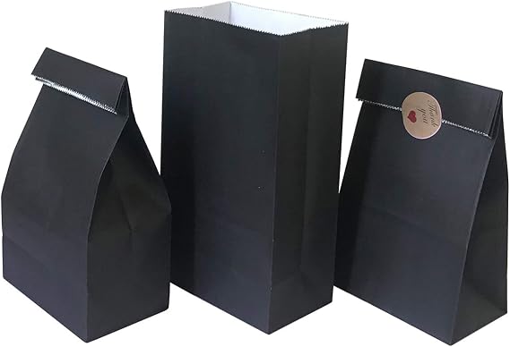 Medium Party Favor Bag 50 pcs Food Safe Paper and Ink, Natural (Biodegradable), Vivid Colored Self-Stand Buffet Bags, Bottom Square Paper Treat Bag. with 60 pcs Stickers 1.5 inch. (Black)...