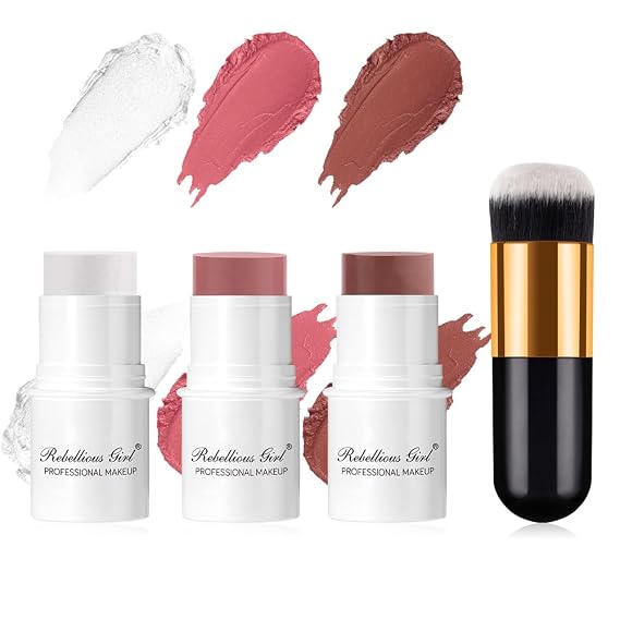 Blush Stick 3 Shades Set with Brush, Multi-Use Contour Stick & Blush for Cheeks, Blendable Waterproof Creamy Long-Lasting Makeup for Eyes Lips Face