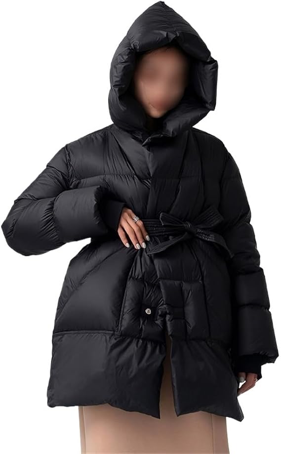 FMURY Women's Black Down Jacket Medium Length Loose Hooded Warm Down Jacket with Belt(Large)
