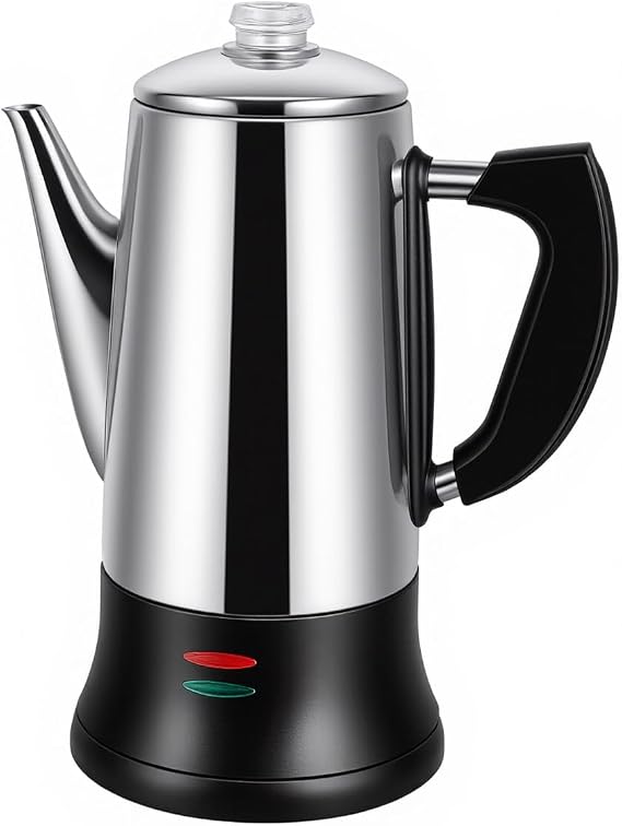 Electric coffee maker, 12-cup capacity, stainless steel construction, automatic heating with boil-dry protection, heat-resistant handle design, 360 swivel base, transparent brewing indicator.