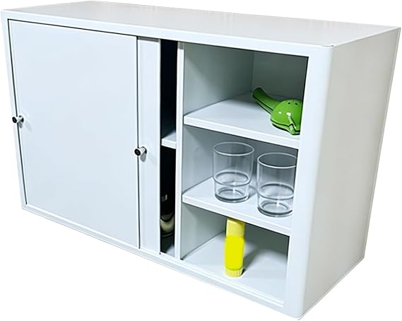 Stainless Steel Storage Cabinet, White Sliding Door Wall Cabinet with Removable Shelf for Kitchen Bathroom Laundry Room(60x40x14cm/24x16x5.5in)