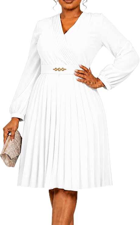 INR Midi Dress for Women Pleated Skirt V Neck Casual Elegant Church Dress