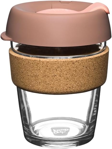 KeepCup Brew Cork - 12oz/340ml Tempered Glass Reusable Coffee Cup/Travel Mug, Natural Cork Band with Splashproof Press Fit Lid - Frappe