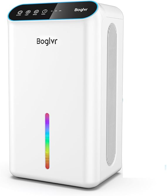 Dehumidifier for Home, 98oz Small Quiet Dehumidifier with Drain Hose, 3 Timer Modes, Auto Shut Off, Aromatherapy & 7 Color Light for Basement, Bedroom, Bathroom, RV (White)