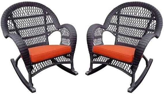 Jeco Wicker Rocker Chair with Orange Cushion, Set of 2, Espresso