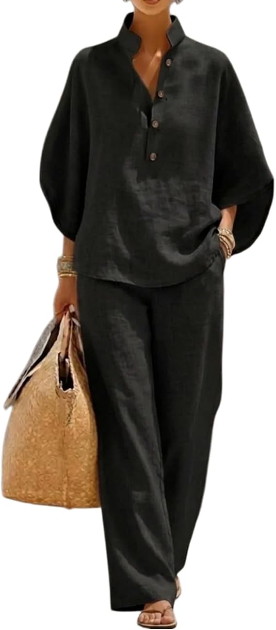 Linen Two Piece Set Women Batwing Sleeve V Neck Button Top Wide Leg Pants Matching Lounge Set Vacation Travel Outfits