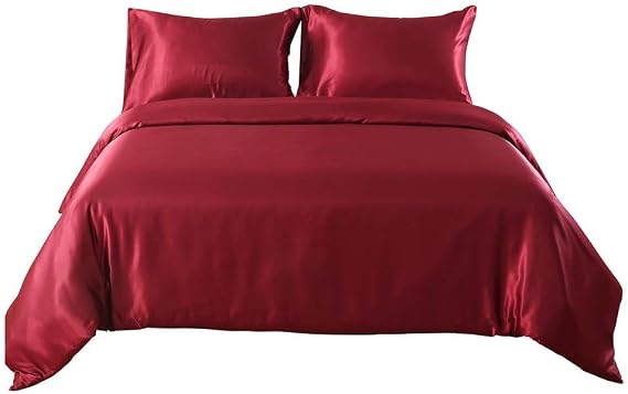 Silk Like Satin 3 Piece Duvet Cover Set (1 Duvet Cover +2 Pillow Cases) Satin Zipper Closure Duvet Cover Set. Size-Queen Colour Burgundy