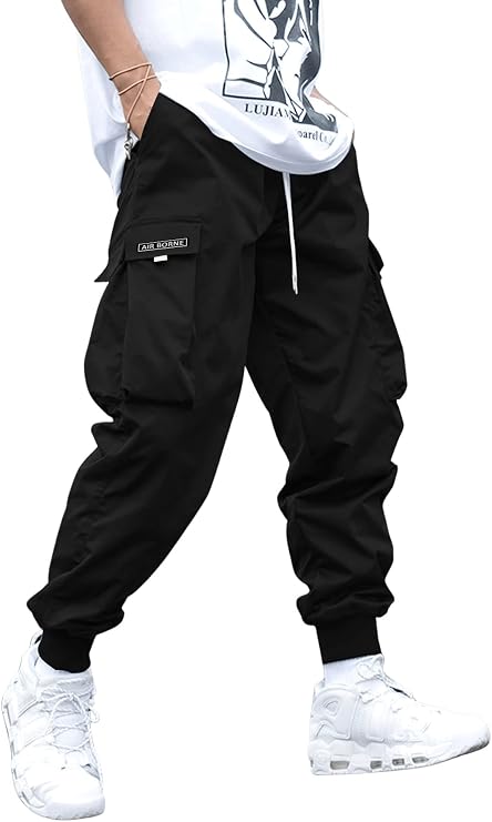 OYOANGLE Men's Cargo Pants Casual Graphic Flap Pocket Streetwear Joggers | Rave Pants Men, Festival, Cool, Techwear, Japanese Styled, Drawstring Elastic Waist, Letter Print