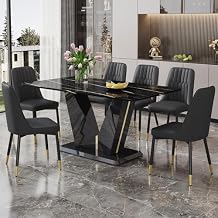 Marble Dining Table Set for 6,Black Modern Dining Room Table Set for 6,7 Piece Dining Room Table Set,63 Rectangle Glass Marble Dining Table Set,Luxury Kitchen Table Chair Set of 6 for Kitchen,Office