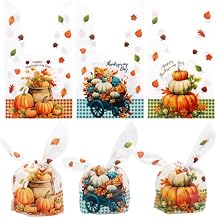 Thanksgiving Treat Bags, 100 Pcs Fall Thanksgiving Candy Bags, Plastic Snack Bags for Kids, Cute Rabbit Ear Cookies Goody Popcorn Goodie Gift Bag for Fall Autumn Holiday Party Favor Supplies Decor