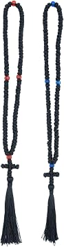 Handmade Orthodox Christian Prayer Rope, 100 Knot Komboskoini, 8.3 In Black With Red Cross Tassel, Spiritual Protection And Well-Being