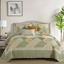 DDUOXIN Floral Oversized King Bedspread 128"x120" - 100% Cotton Reversible California King Quilt with 2 Pillow Shams, Farmhouse Bedspreads Lightweight Bedding Set, Green/Cream White, 3 Piece