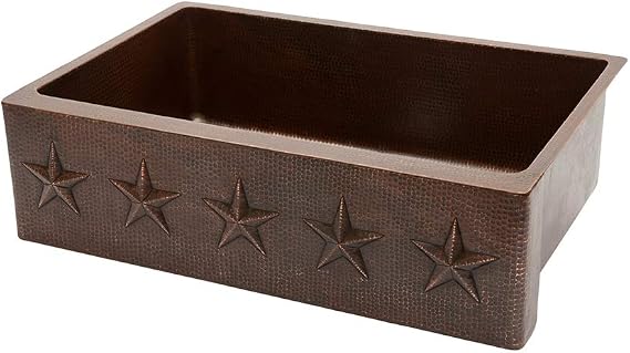Premier Copper Products KASDB33229ST 33-Inch Hammered Copper Kitchen Apron Single Basin Sink with Star Design, Oil Rubbed Bronze