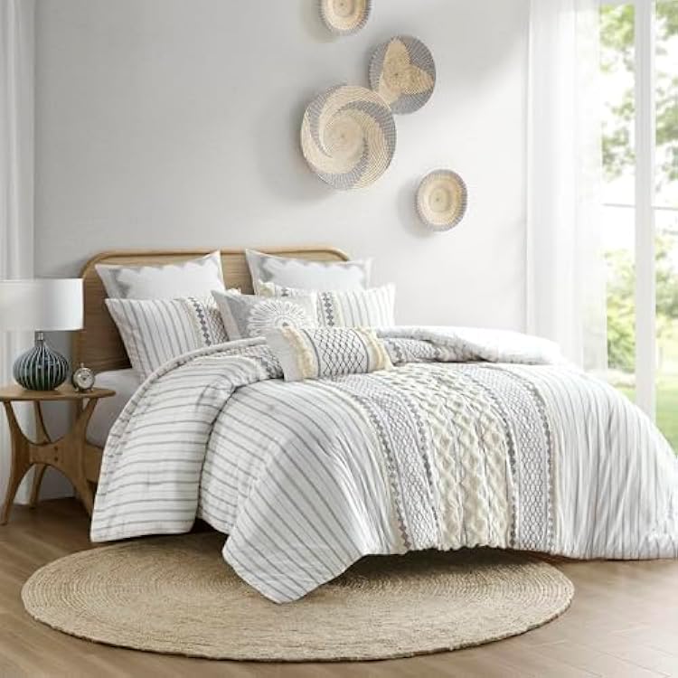 Cotton Printed Comforter Set with Chenille Ivory Full,Queen