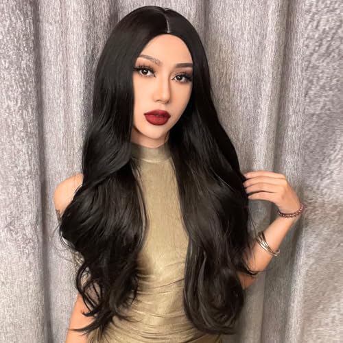 AISI BEAUTY Dark Brown Wigs 24 Inch Long Wavy Wig for Women Middle Part Heat Resistant Synthetic Hair Wigs for Cosplay Party