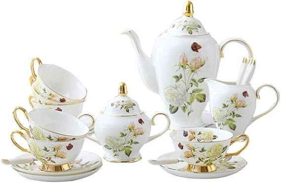 Rose Bone China Coffee Set English Porcelain Tea Set Ceramic Pot Creamer Sugar Bowl Coffee Cup Mug Coffee Utensils (D (D